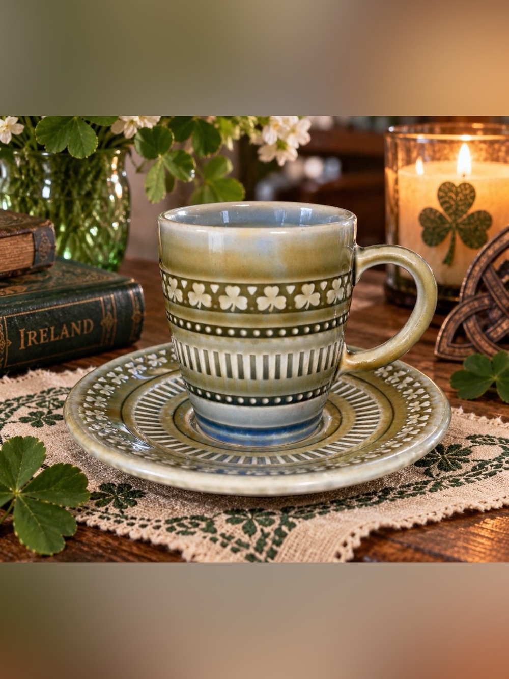 Irish Porcelain Shamrock Cup & Saucer Wade Co. Armagh Ireland Vintage
